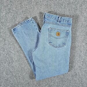 Carhartt Leather Patch Denim Jeans Medium Wash Men's Tagged 38x32 Act 34x30 Flaw